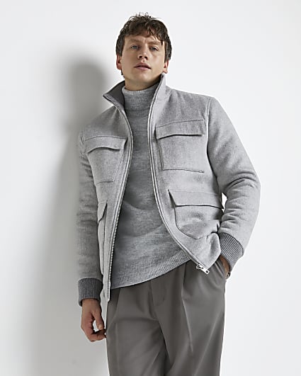 Grey funnel neck four pocket wool jacket