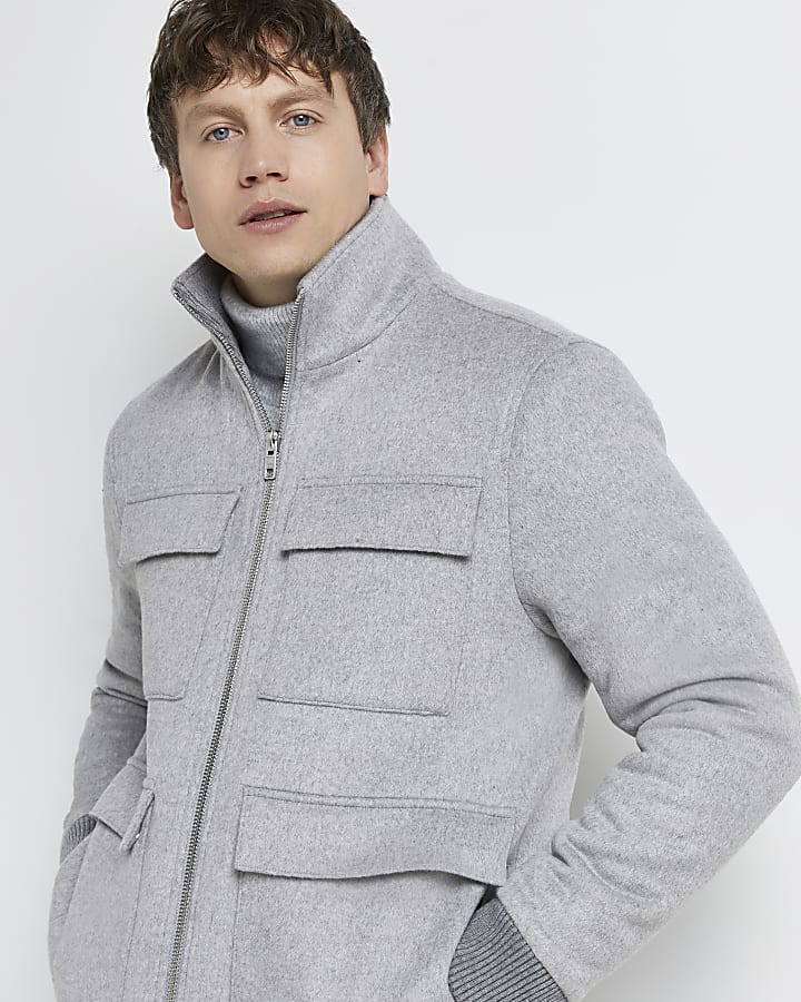 Grey funnel neck four pocket wool jacket