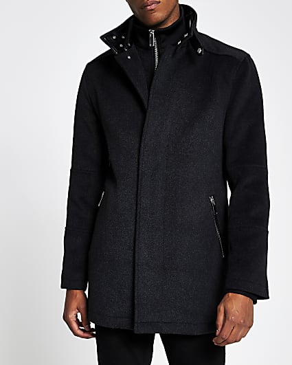 Grey funnel neck wool coat