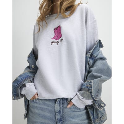 Grey Giddy Up Cowboy Boots Sweatshirt