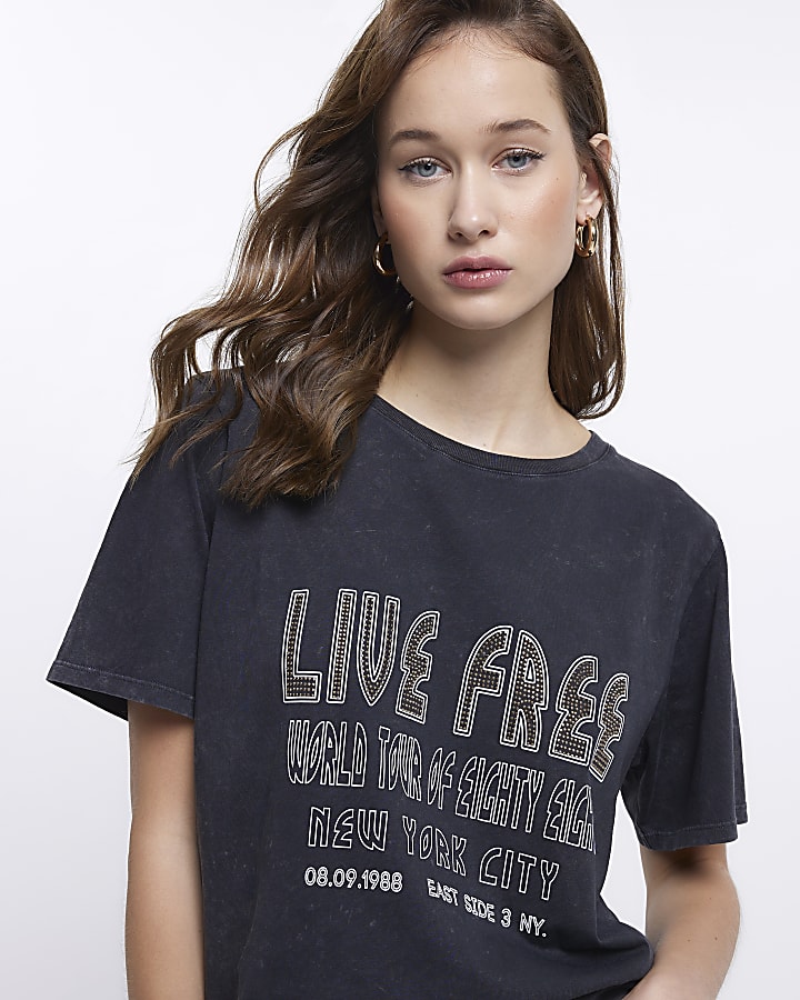 Grey graphic print washed t-shirt