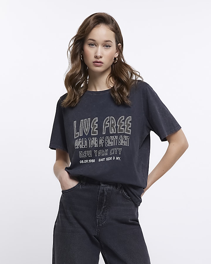 Grey graphic print washed t-shirt