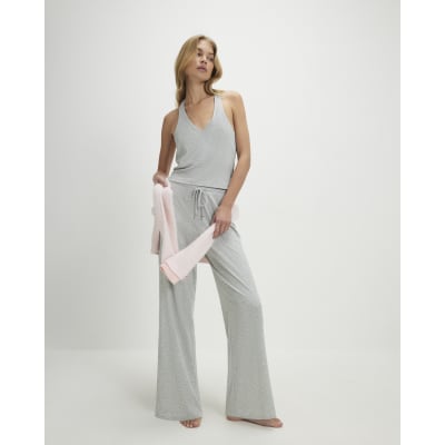 Grey Halter Neck Ribbed Loungewear Set