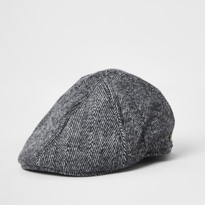 Grey herringbone check flat cap | River Island