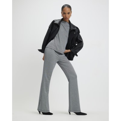 Grey Herringbone Flared Trousers