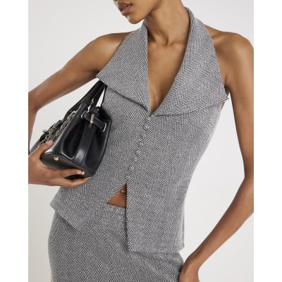 Grey Herringbone Sleeveless Halter neck Top