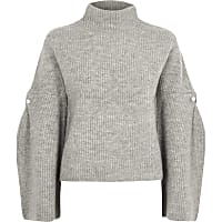 Grey high neck wide sleeve knit jumper