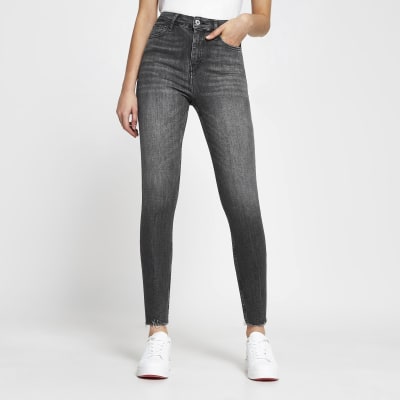 Grey high rise super skinny jeans River Island