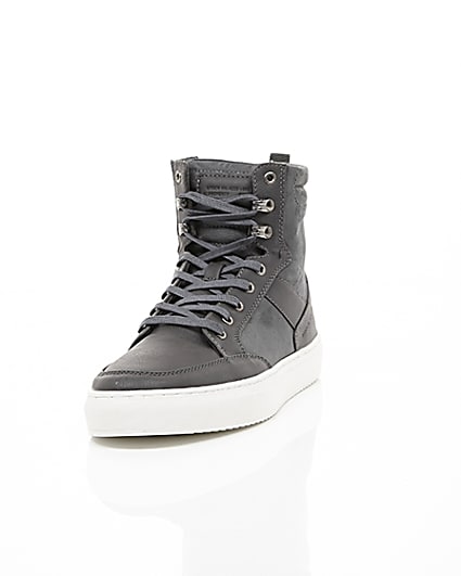 360 degree animation of product Grey high top contrast sole lace-up trainers frame-2