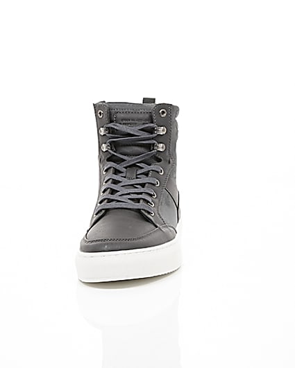360 degree animation of product Grey high top contrast sole lace-up trainers frame-3