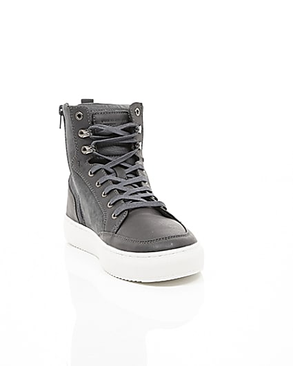 360 degree animation of product Grey high top contrast sole lace-up trainers frame-5