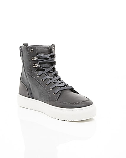 360 degree animation of product Grey high top contrast sole lace-up trainers frame-6