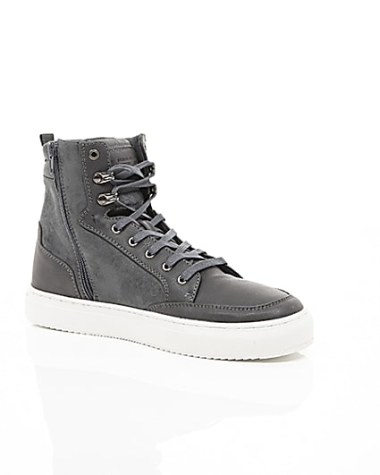 360 degree animation of product Grey high top contrast sole lace-up trainers frame-7