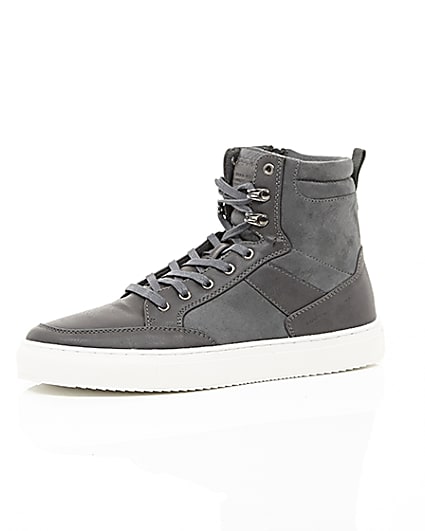 360 degree animation of product Grey high top contrast sole lace-up trainers frame-23