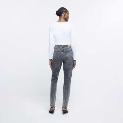 Grey high waist faded straight leg jeans