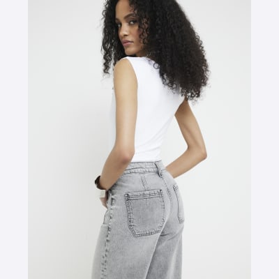 Grey high waisted cropped wide fit jeans River Island