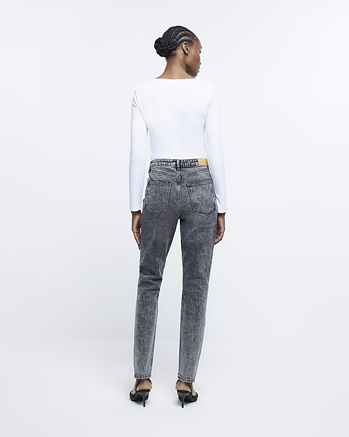 Grey high waisted faded straight leg jeans