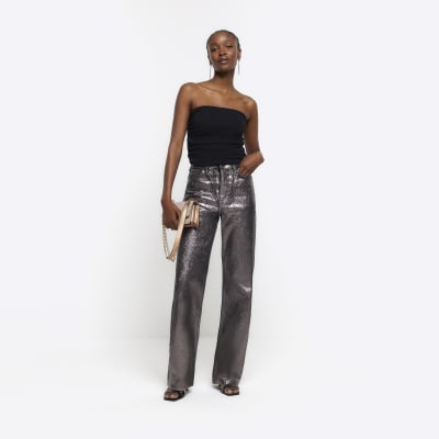 Grey high waisted straight coated jeans | River Island