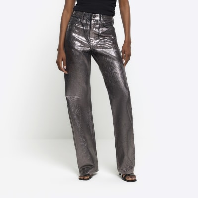 Grey high waisted straight coated jeans | River Island