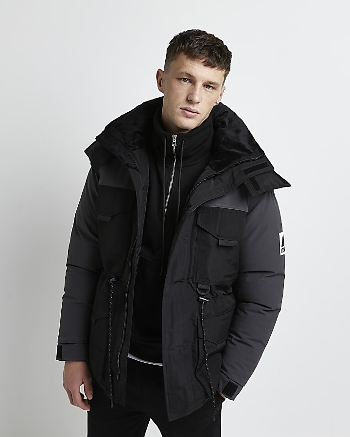 Grey hooded colour block parka jacket