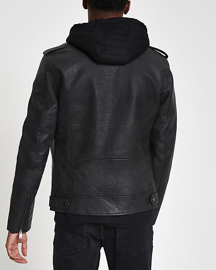 Grey hooded faux leather biker jacket