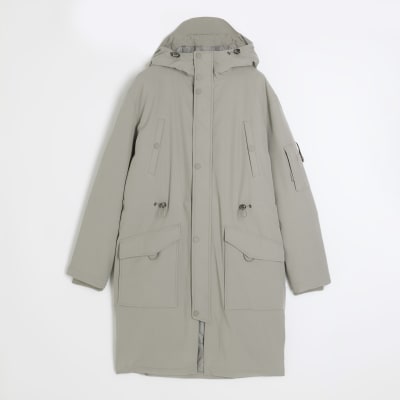 Grey hooded longline parka jacket River Island