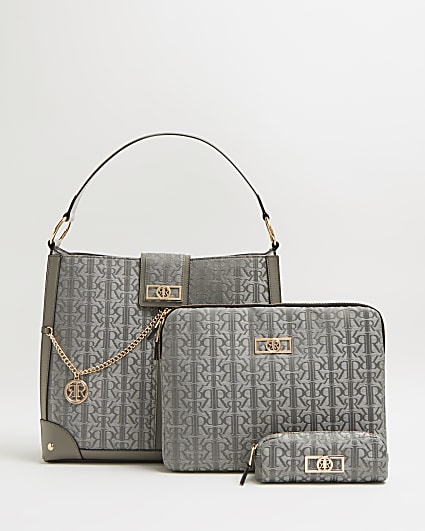 Grey jacquard handbag and laptop case set