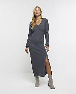 Grey knit bodycon midi dress