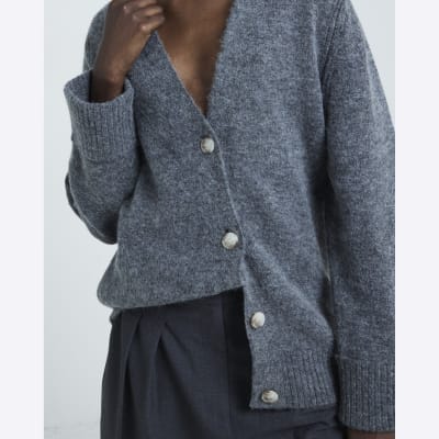 Grey knit button up cardigan River Island