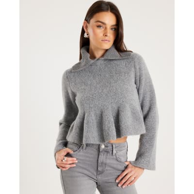 Grey Knit Collared Peplum Jumper