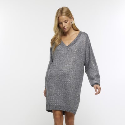 Grey knit embellished jumper mini dress | River Island