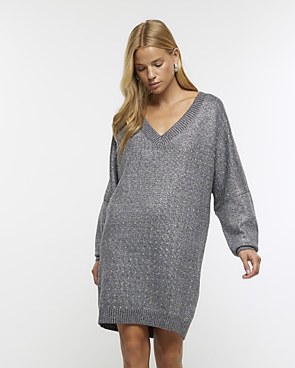 Grey knit embellished jumper mini dress