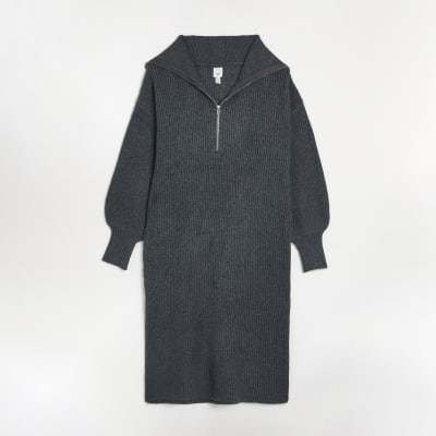 Grey knit half zip jumper midi dress