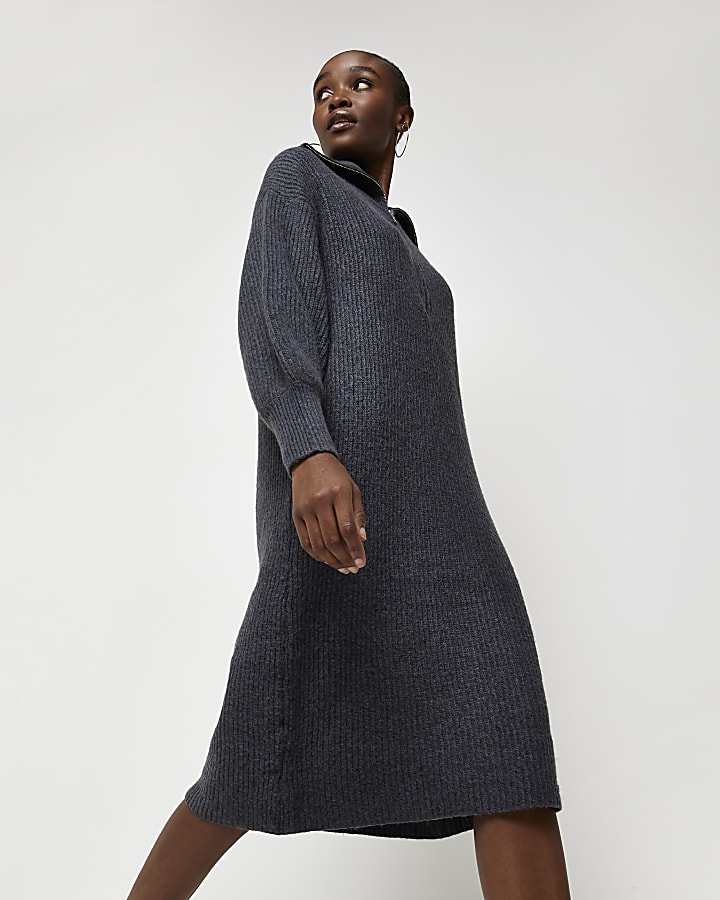 Grey knit half zip jumper midi dress