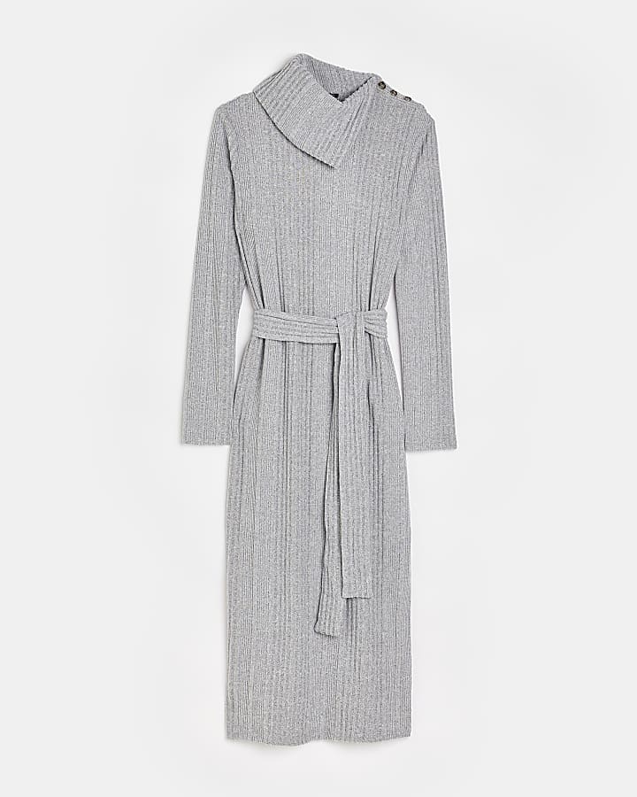 Grey knit high neck bodycon midi dress