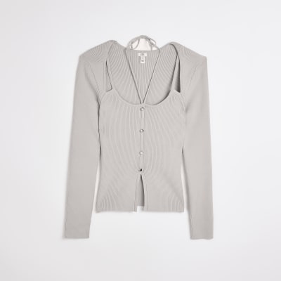 Grey knit long sleeve top River Island