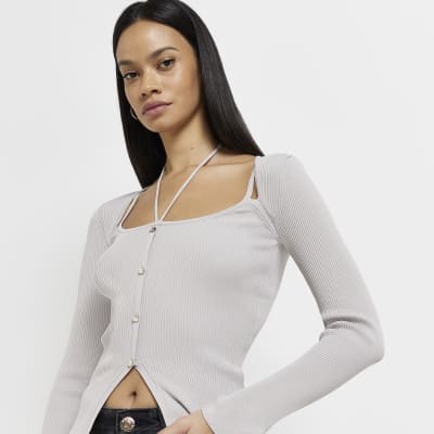 Grey knit long sleeve top River Island
