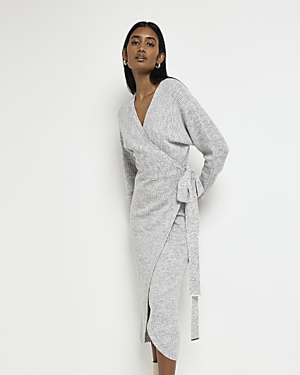 Grey knit long sleeve wrap midi dress