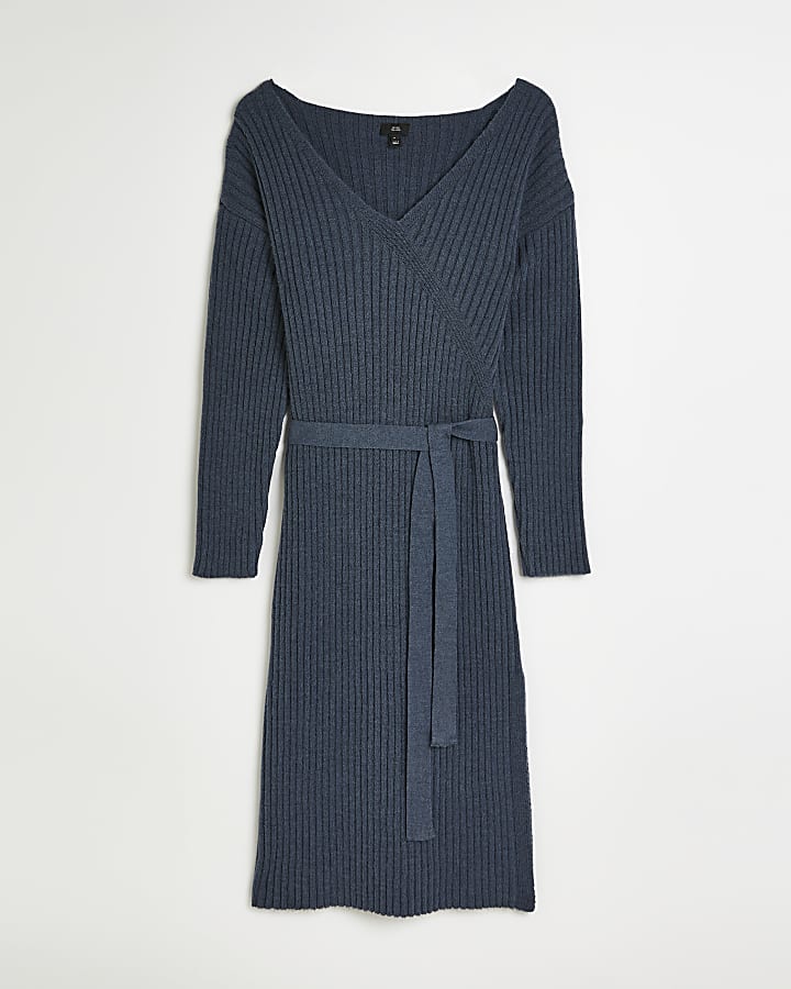 Grey knit wrap midi dress