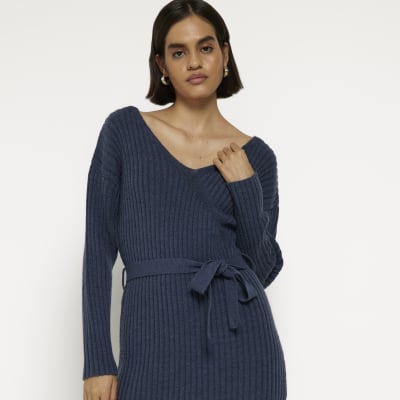 Grey knit wrap midi dress