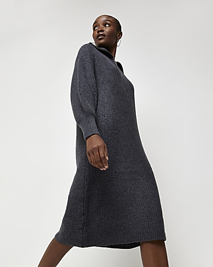 Grey knit zip front jumper midi dress