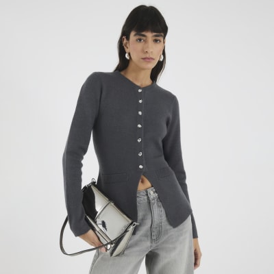 Grey Knitted Button Up Cardigan