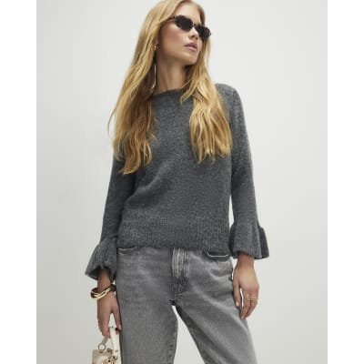 Grey Knitted Frill Cuff Tie Back Jumper
