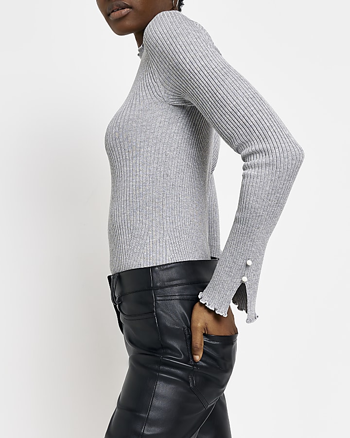 Grey knitted frill top