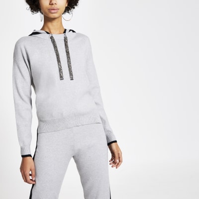 Grey knitted hoodie River Island