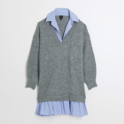 Grey knitted hybrid jumper mini dress | River Island