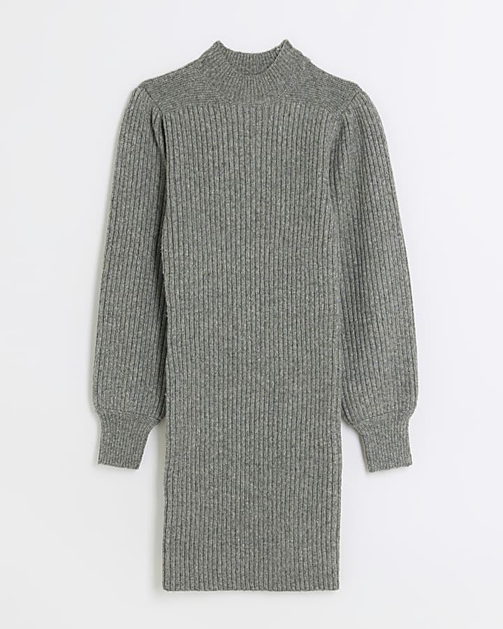 Grey knitted puff sleeve jumper mini dress