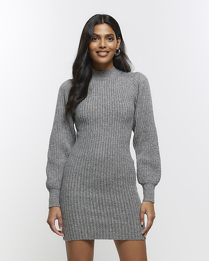 Grey knitted puff sleeve jumper mini dress