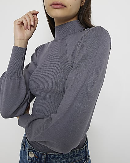 Grey knitted puff sleeve top