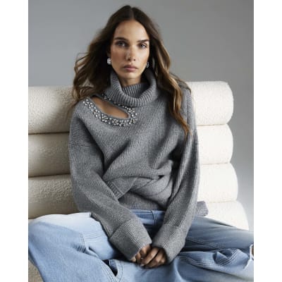 Grey Knitted Roll Neck Cut Out Jumper